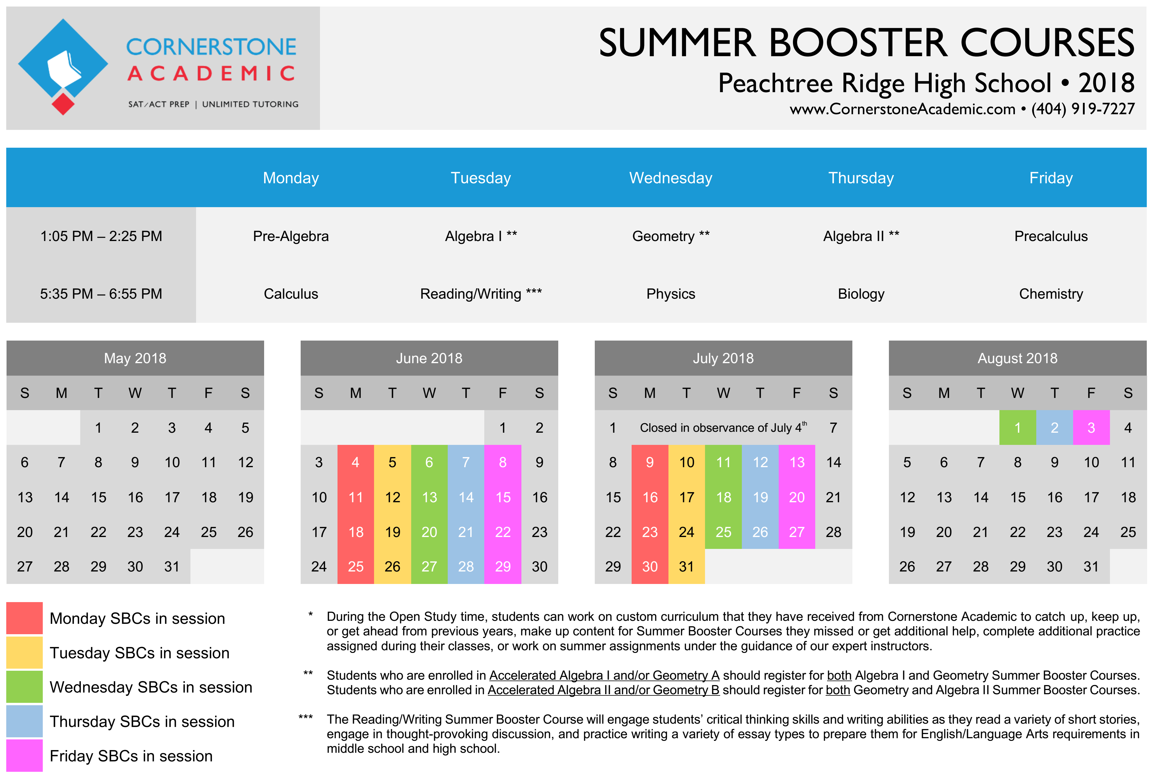 Summer Booster Courses Cornerstone Academic