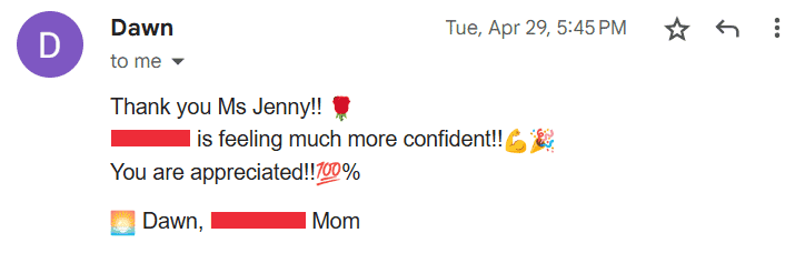 Dawn emailed us to tell us about how confident her student feels about the upcoming final exam.